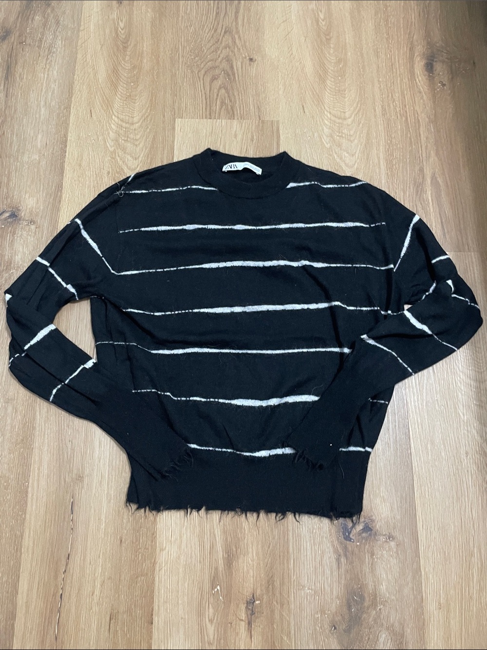 Zara Black Crewneck Sweater with White Stripes